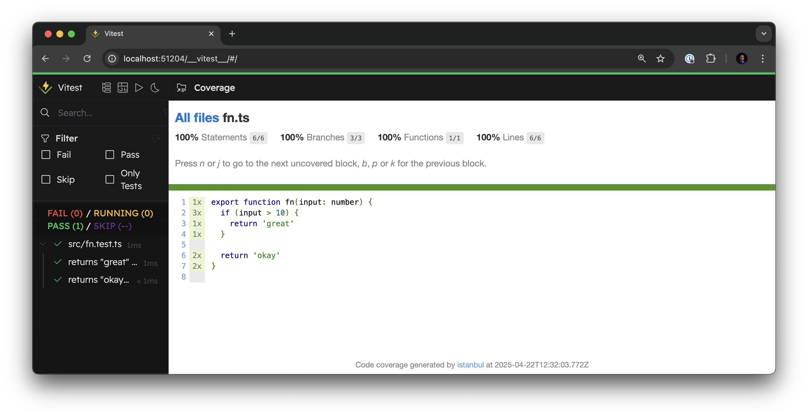 A screenshot of the Vitest UI showcasing the source code for the "fn" function all being green, indicating that all blocks in this function have been covered by tests.