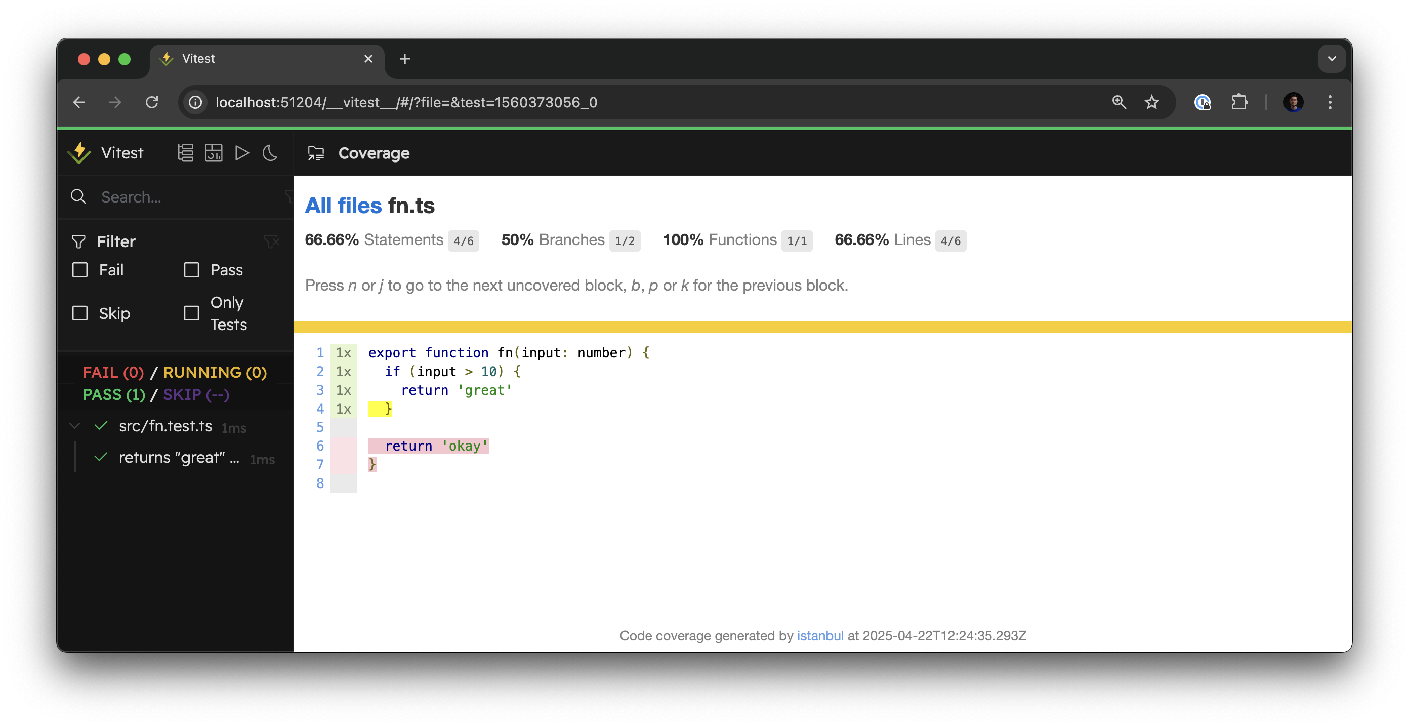 A screenshot of the Vitest UI with the "fn.ts" module open. It shows the source code of that module with some of its lines being green and some red.