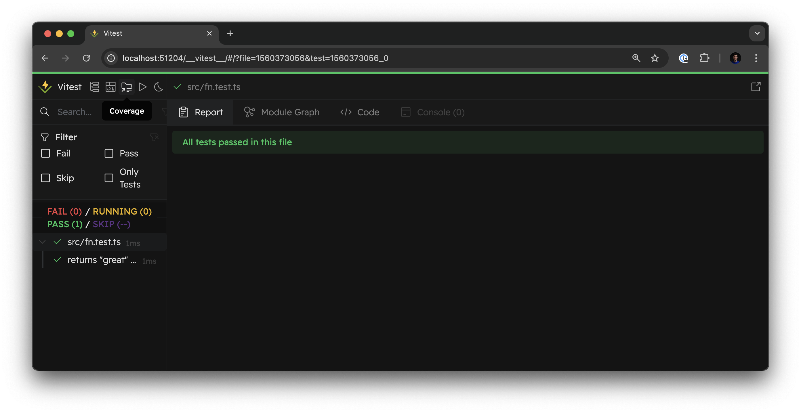 A screenshot of the Vitest UI with the cursor hovering over the "Coverage" tab on the top left.