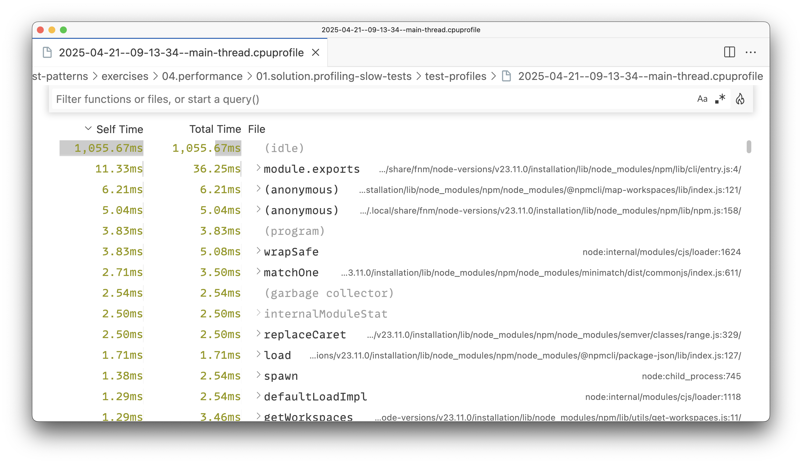 A screenshot of a CPU profile opened in Visual Studio Code.