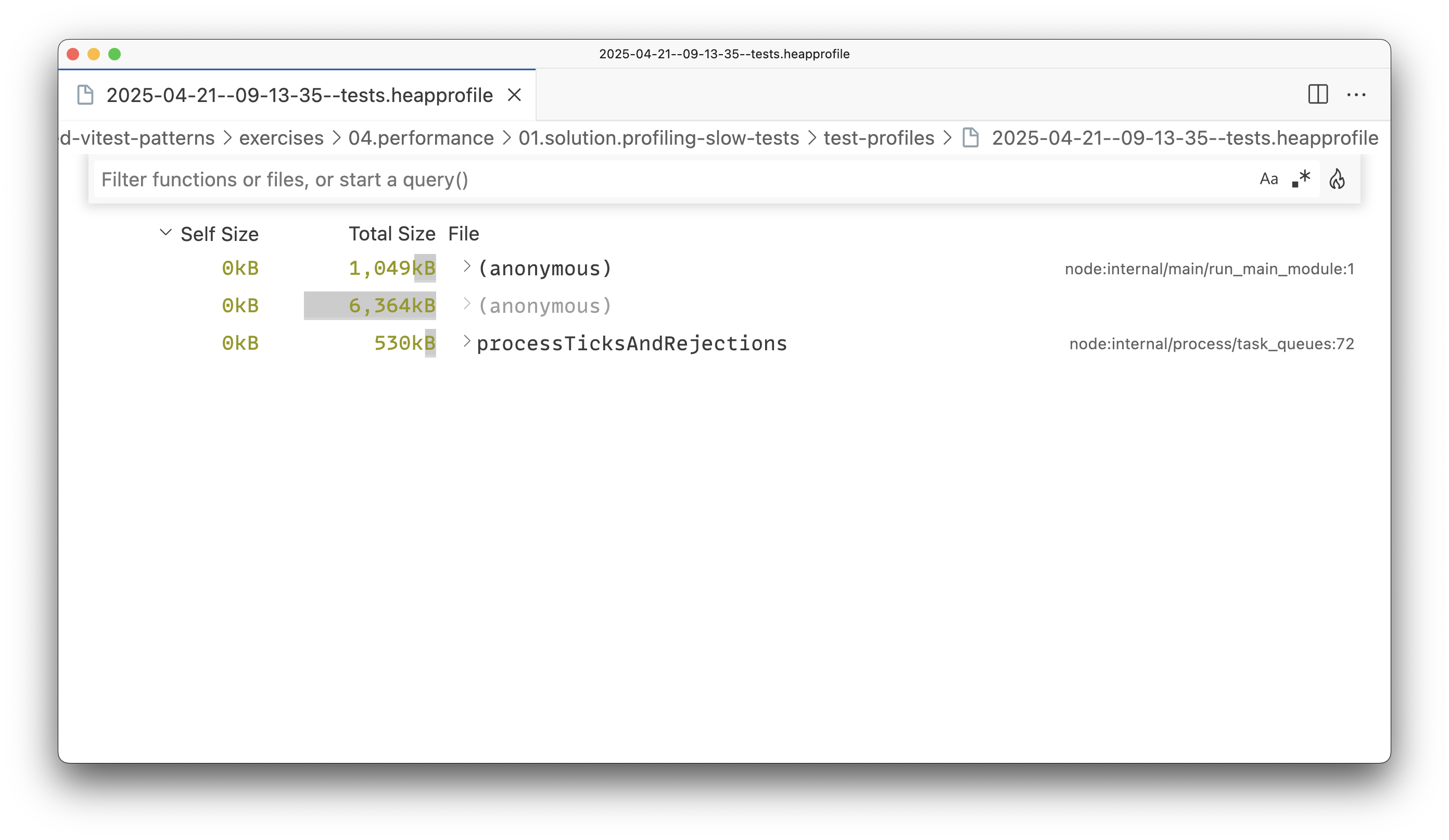 A screenshot of the heap profile for the tests opened in Visual Studio Code.